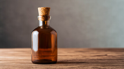 Vintage Amber Glass Bottle with Cork on Wooden Table and Copy Space