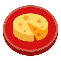 Isometric cheese wheel slice illustration on red plate isolated against transparent backdrop