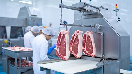 Meat processing action in a modern facility industrial environment focused viewpoint on quality control