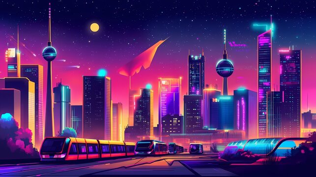 Neon-lit cityscape at night with modern transportation. - Powered by Adobe