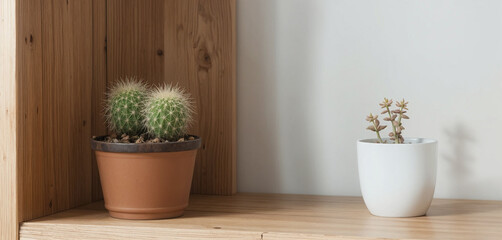 Fototapeta premium Two potted plants cactus and succulent on wooden shelf with white wall