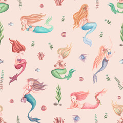 Delicate watercolor pattern in pink, peach with mermaids, shells, fish and seaweed. Seamless watercolor pattern for kids on the theme of sea life.