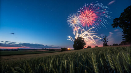 Fiery bursts of celebration over wheat fields an evening of summer joy with