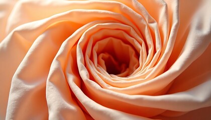 Close-up of soft peach satin fabric twisted in spiral folds with smooth texture