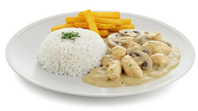 Chicken Stroganoff dish with mushrooms, rice and fries zoon in out