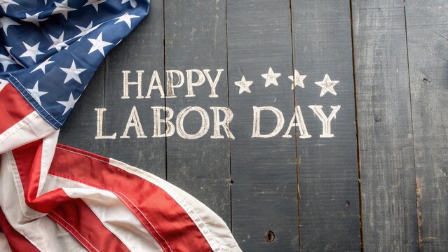 Happy labor day message painted on rustic dark wood with american flag - Powered by Adobe