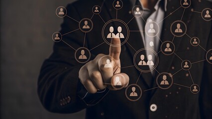 Target Audience and Digital Outreach Strategy Concept. Businessperson points at virtual interface with people icons and marketing symbols, representing audience targeting and global digital strategy.
