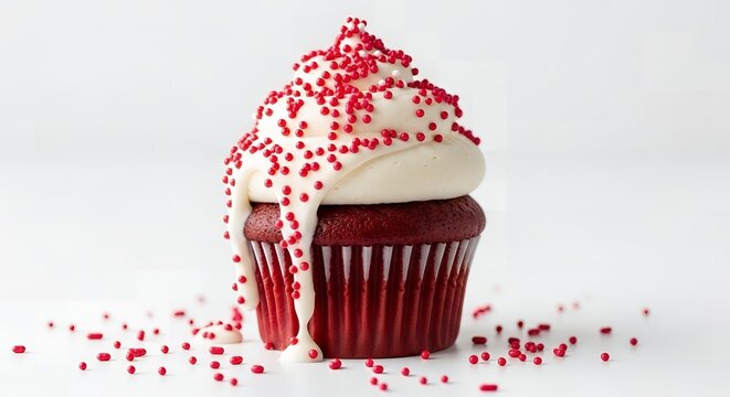 A single red velvet cupcake with white frosting and sprinkles
