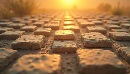 Close-up of textured stone pavement tiles reflecting sunset light in outdoor setting