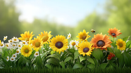 Obraz premium Bright summer garden with sunflowers, daisies, orange flowers, green leaves, and bee flying