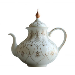Elegant white and gold teapot with intricate design for tea lovers and collectors of fine porcelain ware on transparent background