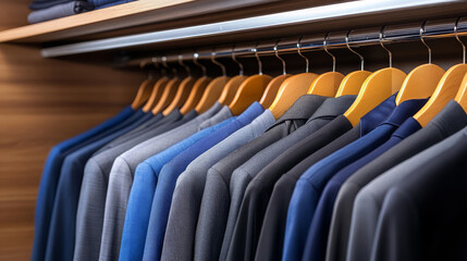 Naklejka premium Modern dressing room with neatly arranged suits on wooden hangers, sleek and organized style