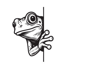 Charming vector of a frog peeking from behind a corner in bold black and white. Fun woodcut style great for humor graphics, logos, and cute prints.