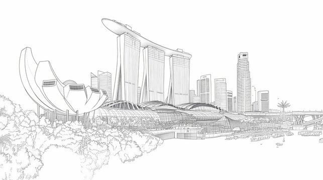 Detailed sketch of singapore's skyline.