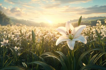 White lily in a sun-kissed field