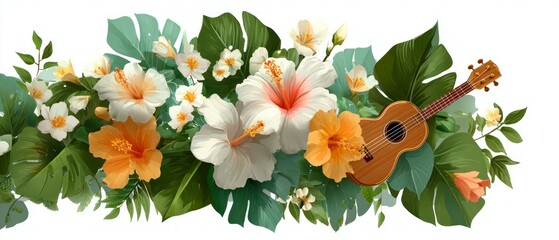 Tropical Hibiscus Floral Ukulele Luau Border