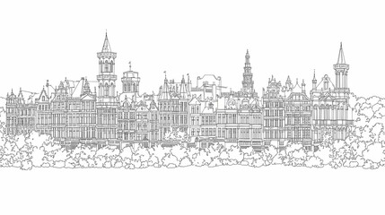 Obraz premium Detailed line drawing of a city skyline with buildings and trees.