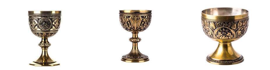 Golden Chalices Displayed Against a Black Background Depicting Intricate Ornate Detailing with Reflective Metallic Surfaces Highlighting Luxury and Artistry
