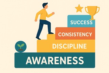 A flat illustration of a personal growth staircase: “Awareness” at the bottom step, followed by “Discipline”, “Consistency”, and “Success” at the top. Generative AI