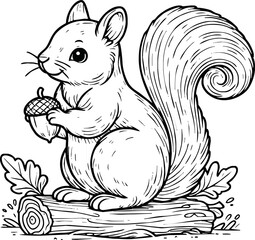 Coloring book Squirrel holding an acorn on white background printable outline vector illustration