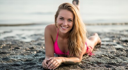 Woman in pink bikini lying on muddy beach smiling at camera