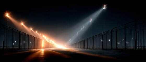 Night Race Track  Empty Finish Line  Stadium Lights  Steel Fence