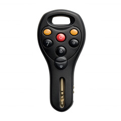 Key fob with buttons black plastic car remote control device security access vehicle entry system automotive on transparent background