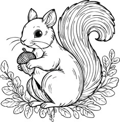 Coloring book Squirrel holding an acorn on white background printable outline vector illustration