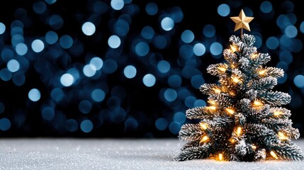 A festive scene featuring a decorated Christmas tree with warm white lights and a golden star on top, set against a backdrop of twinkling blue bokeh