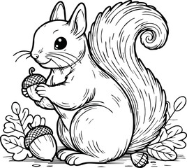 Coloring book Squirrel holding an acorn on white background printable outline vector illustration