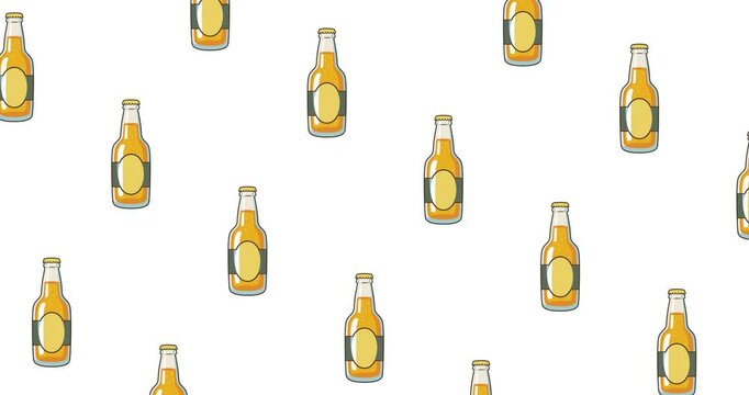 Motion video with glass bottle beer illustration icons moving crosswise and intertwining on a white background