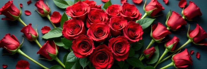 Fototapeta premium Heart-shaped arrangement of red roses & lilies, support, serenity, elegance