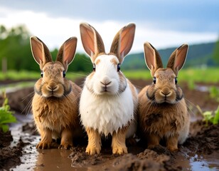 Fototapeta premium Three rabbits in a muddy field