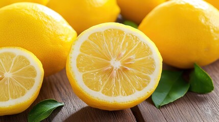 Close-up of fresh, juicy lemons halved and whole with green leaves on a wooden surface.