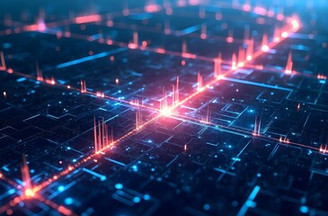 Fototapeta premium Futuristic glowing grid background with neon red and blue lines representing digital data flow across abstract technology circuit network