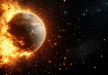 Fototapeta premium Fiery planet engulfed in flames against a dark, starry space background. Intense orange and yellow hues dominate the burning planet, creating