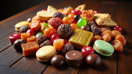 Assorted colorful sweets and candies arranged on a wooden surface.