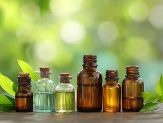 Essential oil bottles on wood surface outdoors