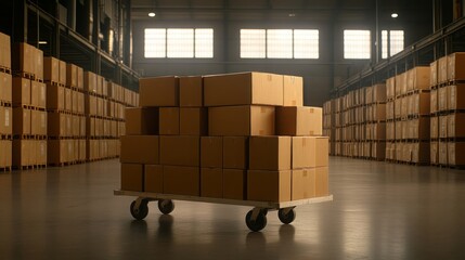 Warehouse Cart Loaded with Cardboard Boxes for Logistics and Distribution