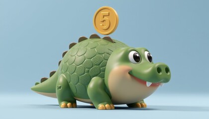 cute chubby crocodile shaped coin bank, fully designed as a cartoon crocodile, round plump body like a saving bank, no pig features, no pig nose, with clearly visible coin slot on top of the back