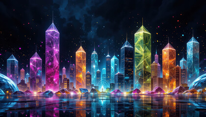 A vibrant cityscape with colorful, crystal like neon-lit skyscrapers