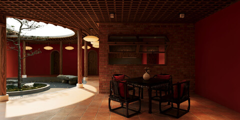 Asian interior design of cozy courtyard lounge and traditional Chinese architecture, zen garden open-air features a circular skylight and red brick walls for relaxation in oriental style 3D rendering.