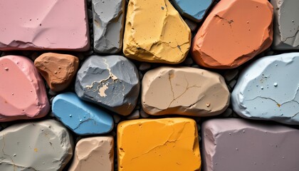 high quality, high contrast graphic of simplified stones with bold pastel color blocks, emphasizing shapes and minimal detail.