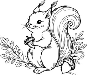 Coloring book Squirrel holding an acorn on white background printable outline vector illustration