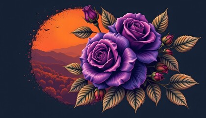 high quality, hand drawn vintage deep violet rose bouquet on dark background, subject on left, sunset orange tones, ample copy space on right.