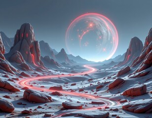 high quality, a futuristic, sci fi inspired scene with glowing elements and minimalistic rocky terrain.