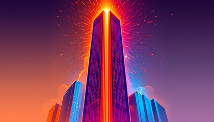 high quality, abstract geometric design of a glowing skyscraper with horizontal, vertical lines, vibrant neon colors.