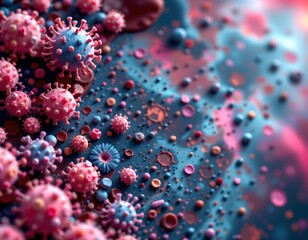high quality, macro shot of various microbes   virus cells and bacteria   on abstract background, position subject on the left side with ample copy space on the right.