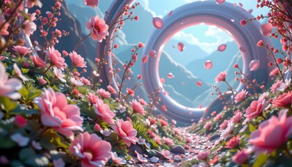 high quality, surreal digital scene with exaggerated circular floral elements, dreamy pastel colors, soft glow effects.
