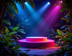 high quality, colorful neon podium in tropical jungle at night, subject on right under floodlights, with clear copy space on left.